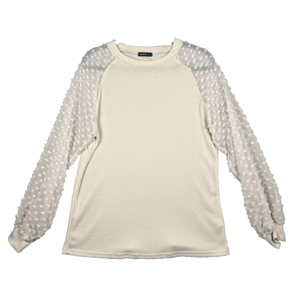 MIHOLL  Womens Ivory Top Size Large Sheer sleeves and Waffle Knit Body and Cuffs